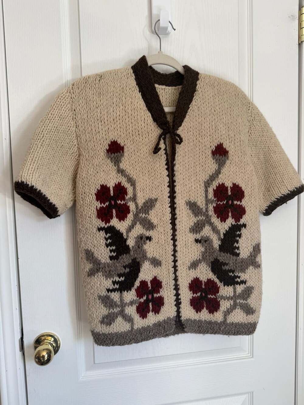 Vintage Handmade Chunky Knit Cardigan Sweater with Birds and Flowers 100% Wool